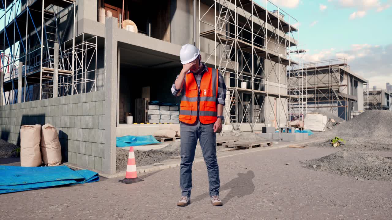 Full Body Of Asian Male Engineer With Safety Helmet Having A Headache While Working At Building & Construction Site in Progress to New House
