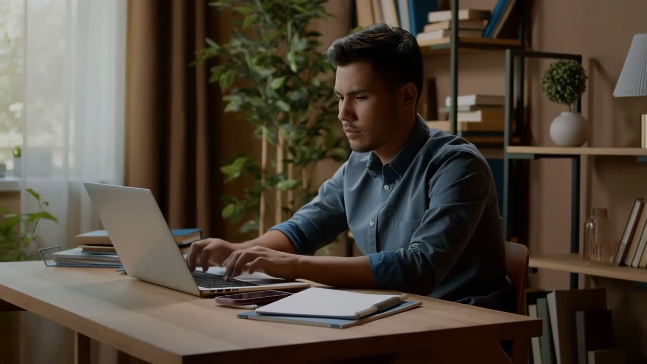 hombre trabajando en una computadora portátil en una oficina en casa