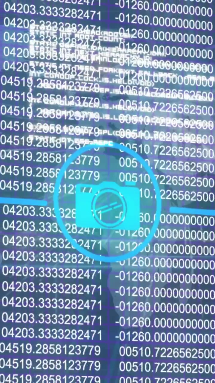 Animation of network of digital icons against statistical data processing and binary coding