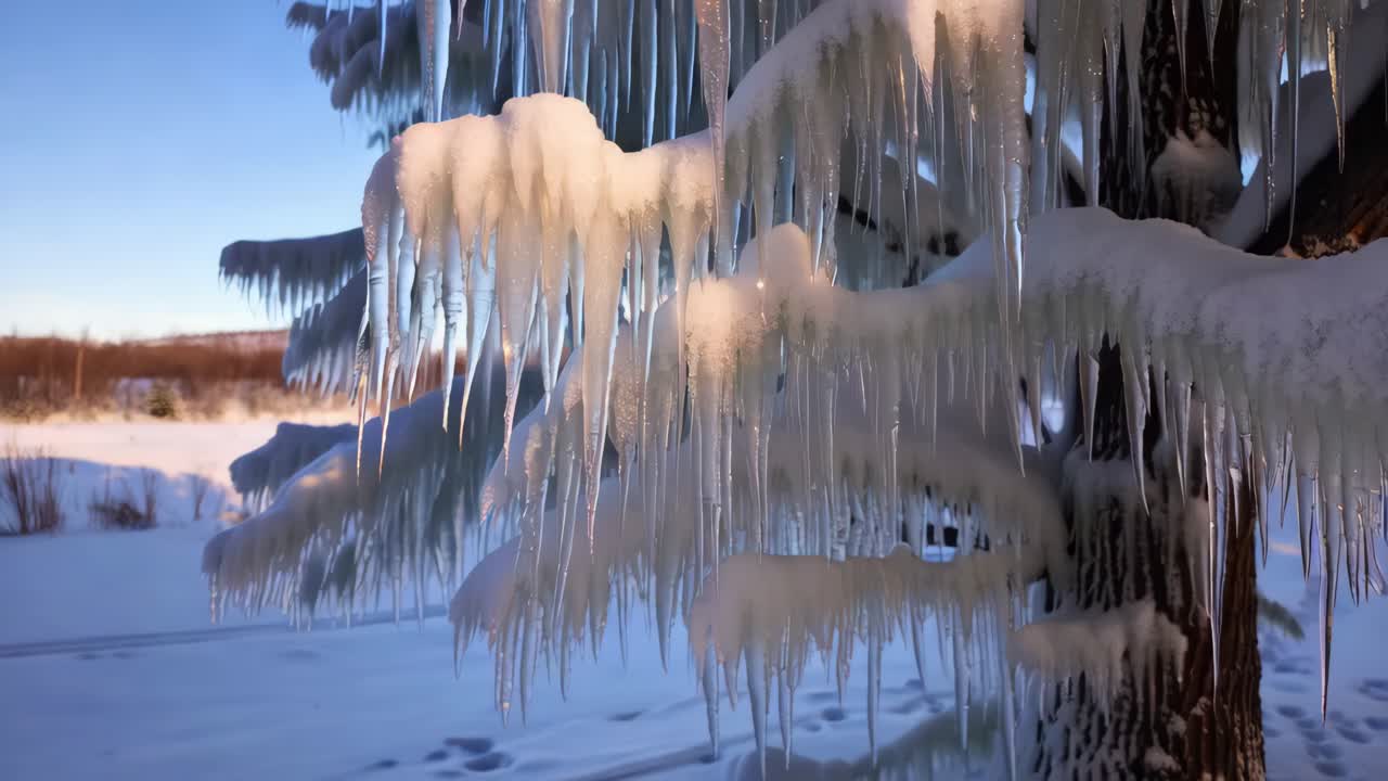 해가 뜨고 해가 지는 눈 인 나무 위의 얼음