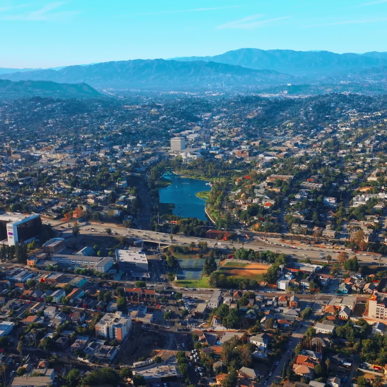 Aerial shot of modern american city. Los-Angeles city with skyscrapers