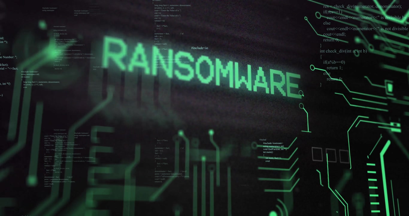 Animation of ransomware text and digital data processing over black background