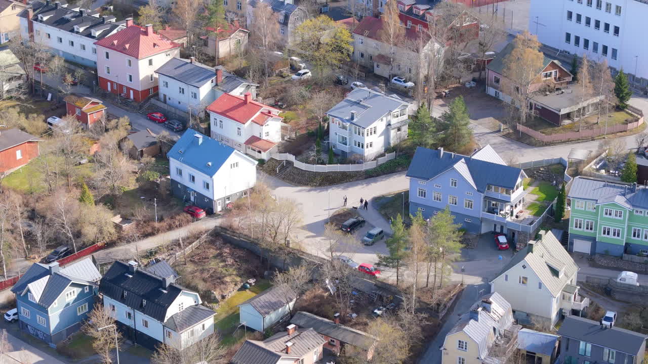 Nordic houses on a hill and the lake. View of Pispala and Härmälä regions in Tampere Finland. 4K dronefootage in prores. PIspala is an important cultural hub in Europe and Finland.