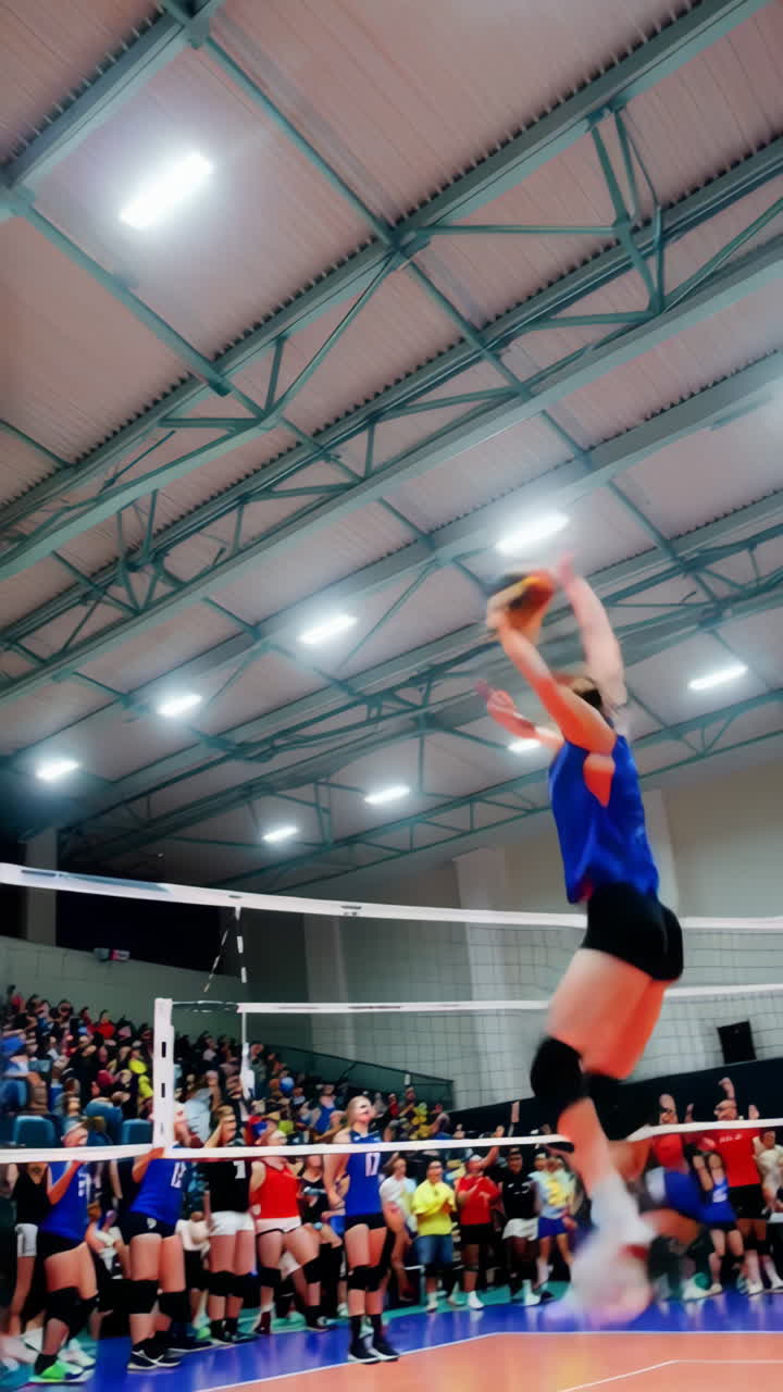Indoor Volleyball Game Action with Players and Spectators
