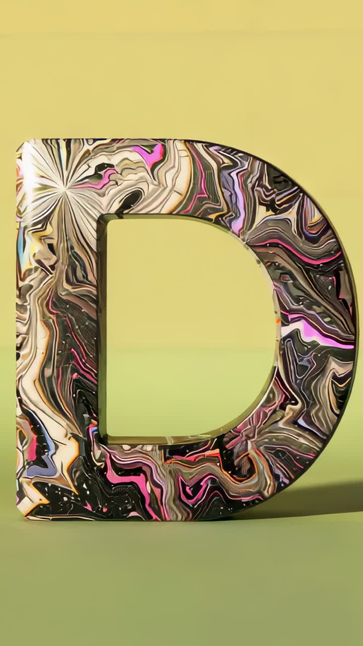 Video verticale: lettera D con sfondo verde in movimento che ruota in studio, con volute marmorizzate