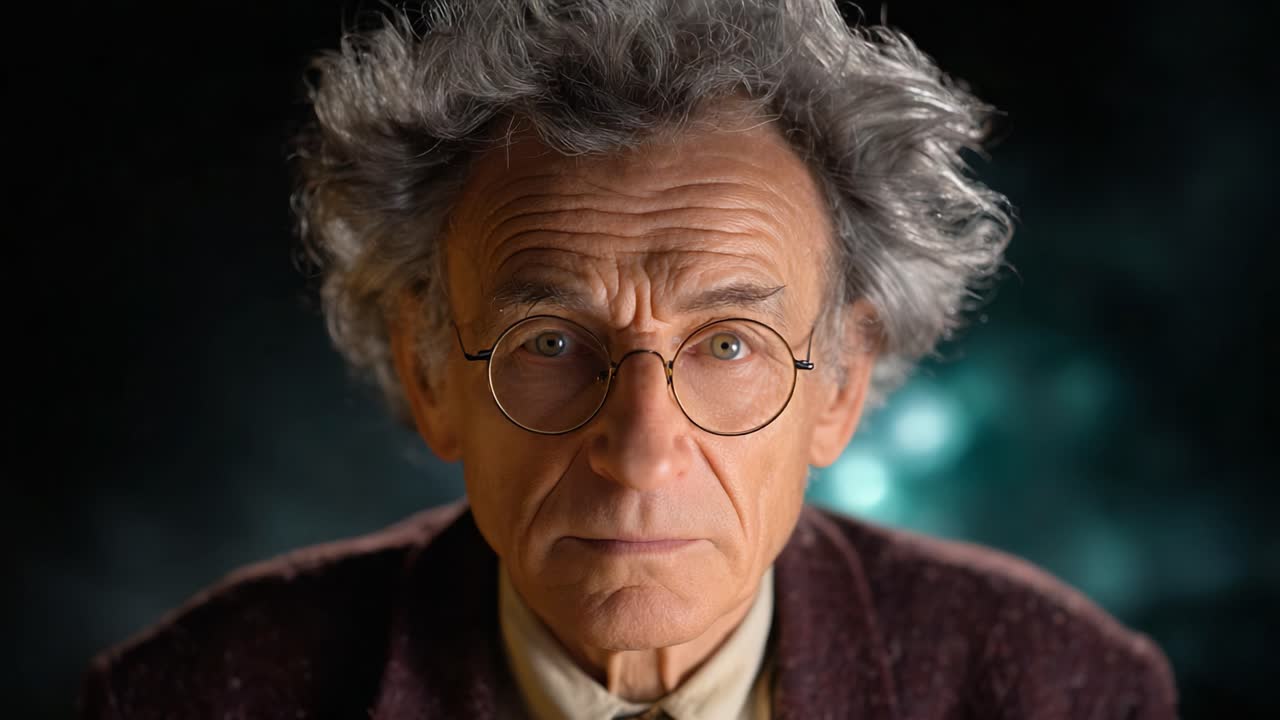 Un uomo maturo e riflessivo con capelli ricci e selvaggi e occhiali rotondi guarda intensamente l'osservatore, incarnando saggezza ed esperienza in un'ambientazione lunatica e suggestiva