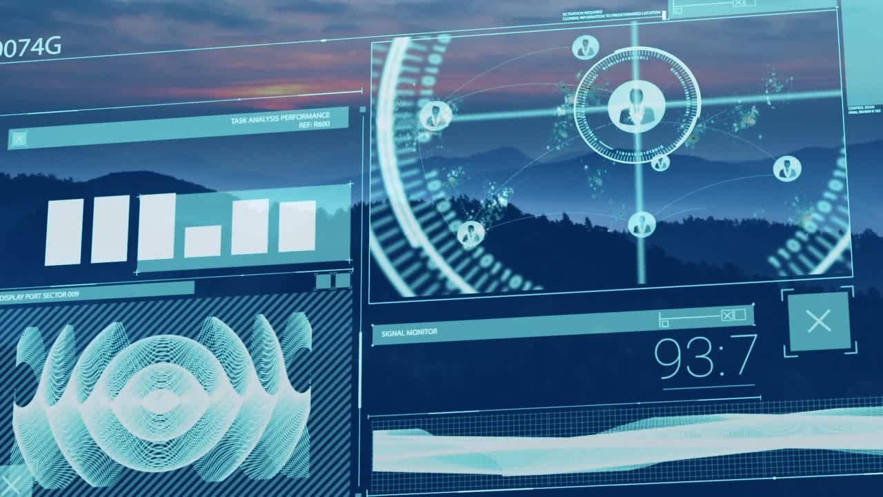 Animazione dell'elaborazione dati su un paesaggio