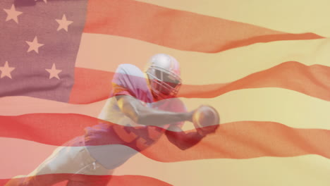 animation of caucasian american football player and flag of usa