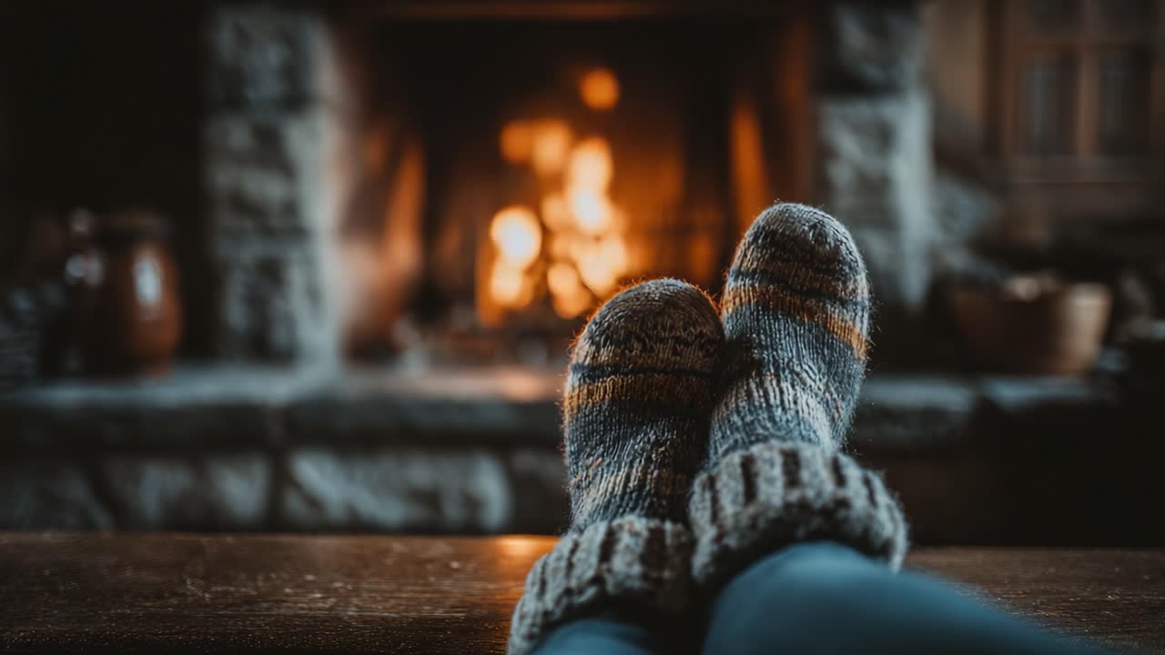 Cozy Moments by the Fire: A Warm Pair of Socks Resting Comfortably While Embracing the Flickering Flames in a Serene Hearth Setting