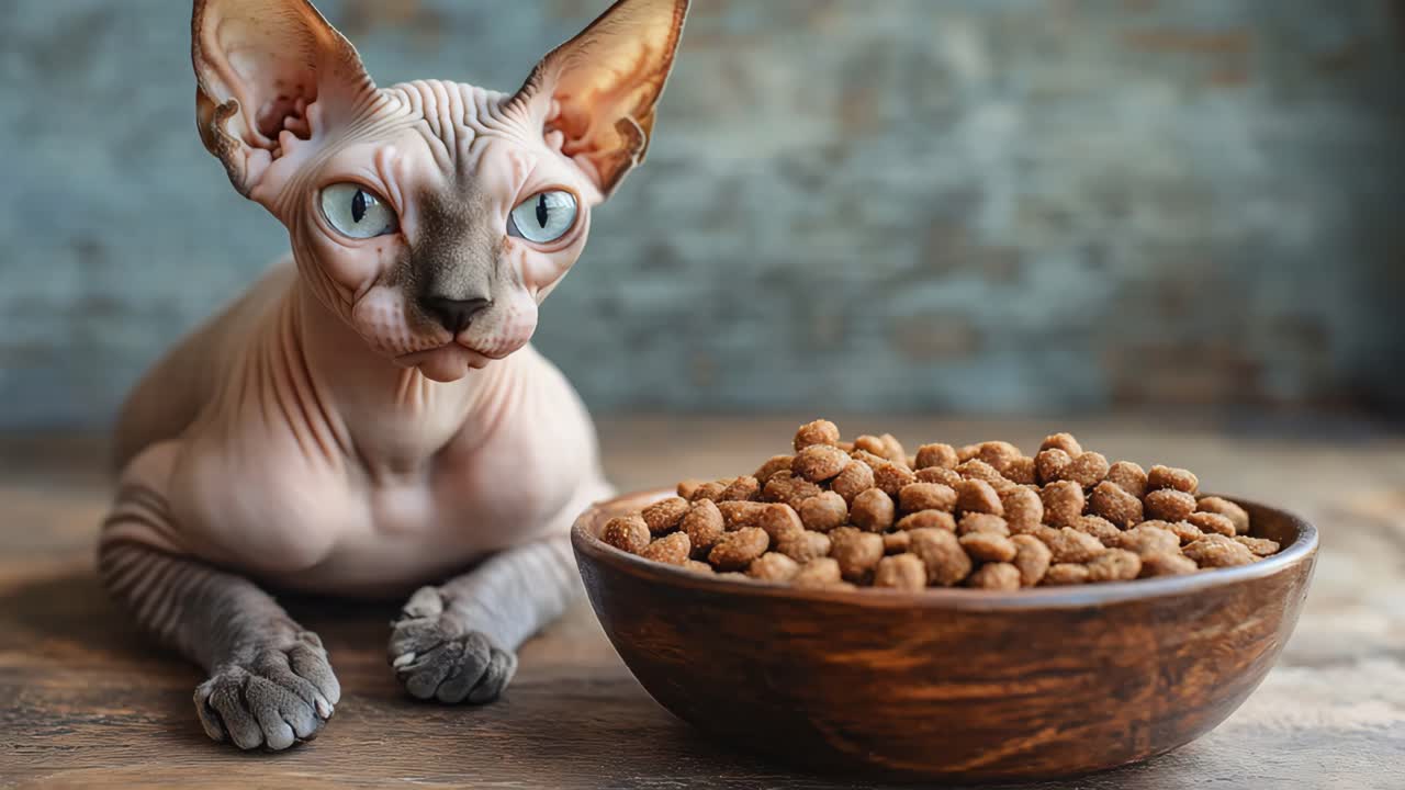 Sphynx-Katze frisst Katzenfutter
