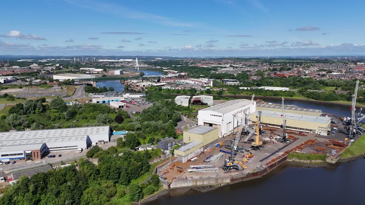 Sunderland City UK North East England Tyne And Wear Monkwearmouth Bridge Stadium Of Light River Wear Seaburn Roker Mackem British Town Drone Aerial View Footage