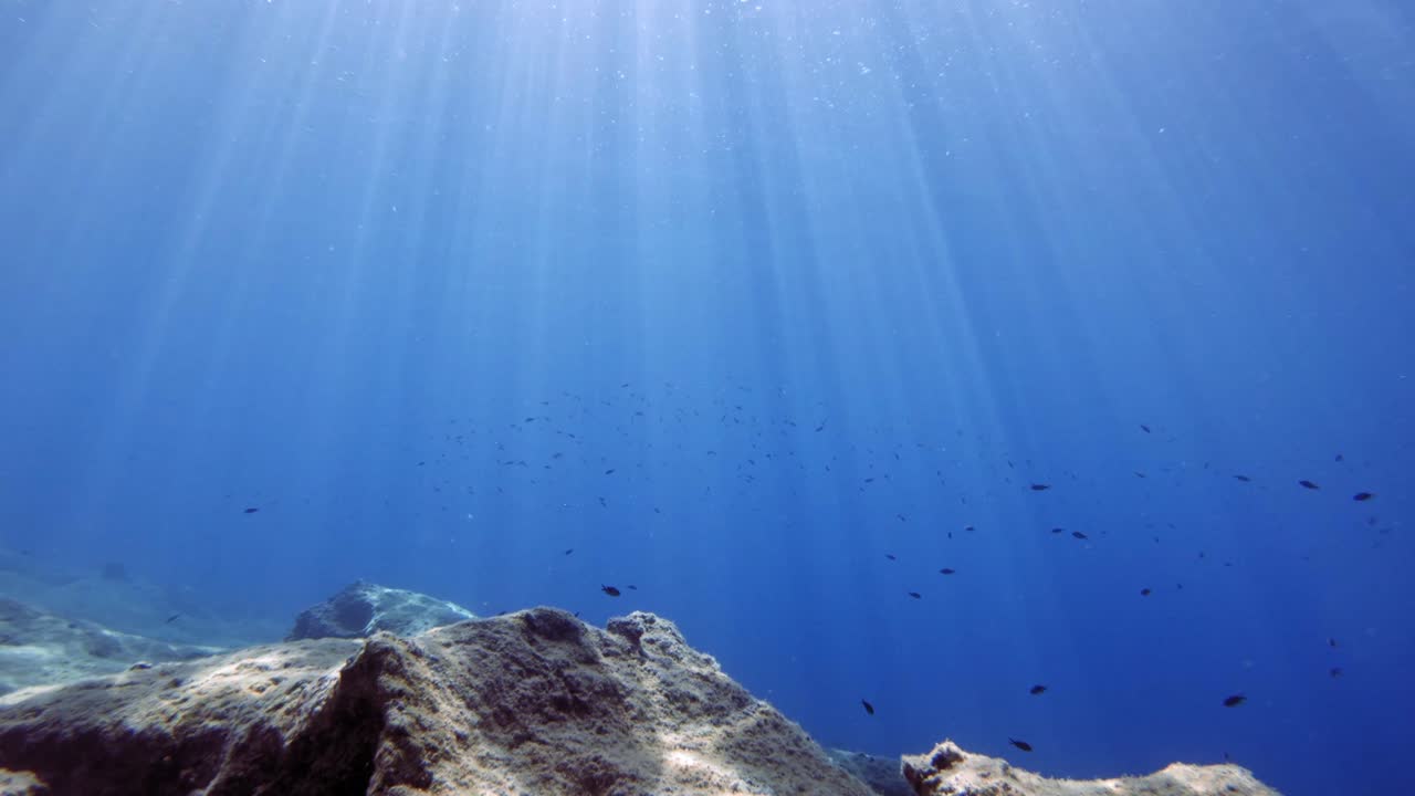 Sunlight Through Turquoise Water Of Paralia Emplisi In Kefalonia Island, Greece. Underwater