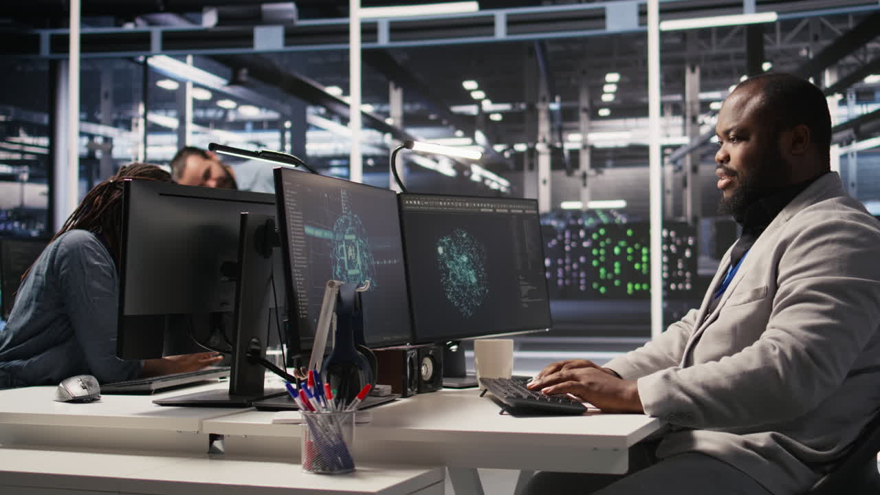 Vertical video Joyous data center software developer delighted after solving all computer bugs