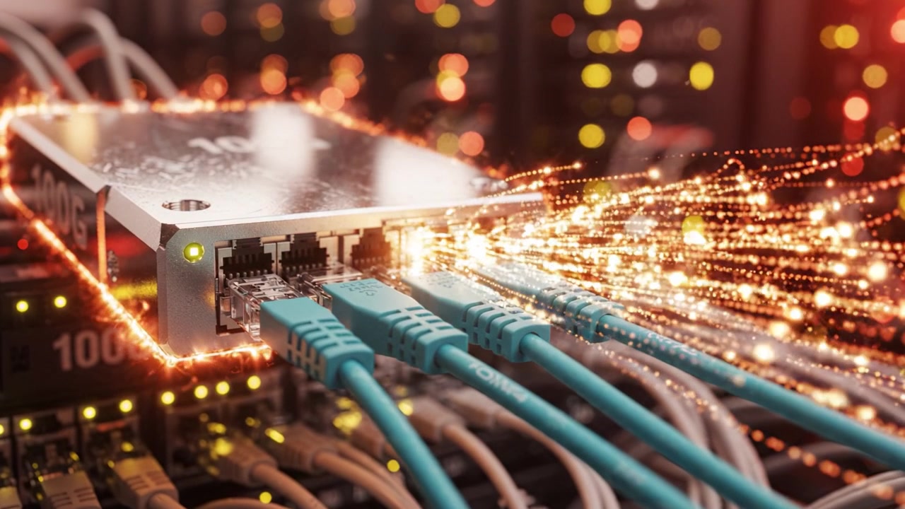 Detailed View of a Network Switch with Ethernet Cables in a Data Center, Showcasing Connectivity and Data Flow Through a Highly Structured Setup