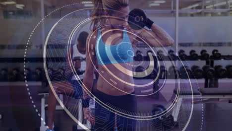 lifting weights in gym, people with digital interface animation overlay