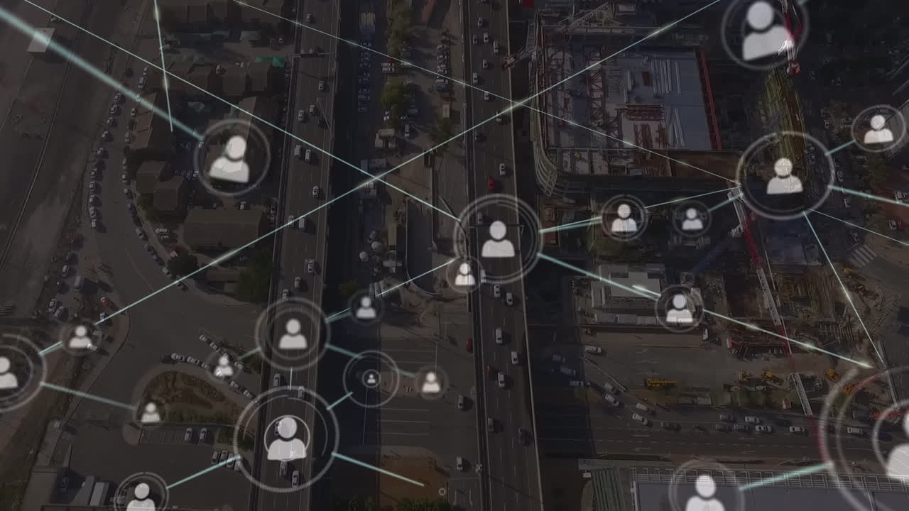 animación de la red de conexiones con iconos sobre el paisaje urbano