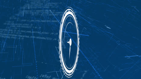 Animation-Des-Tickenden-Uhrensymbols,-Lichtspuren-Und-Datenverarbeitung-Vor-Blauem-Hintergrund