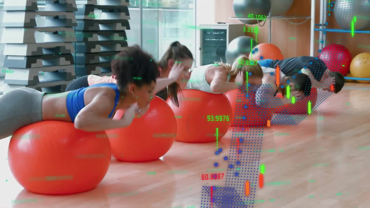체육관에서 운동하는 다양한 사람들의 금융 데이터 처리의 애니메이션