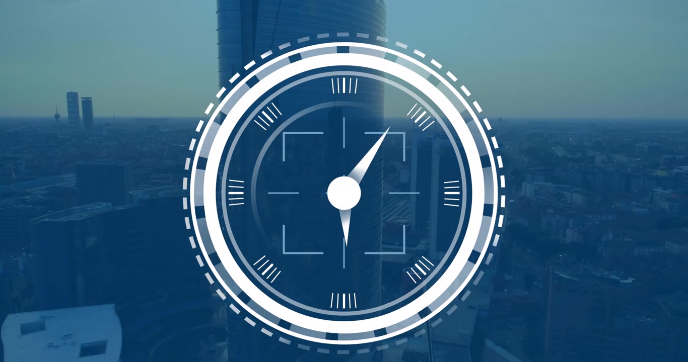 Animation of scope scanning over ticking clock icon against aerial view of cityscape
