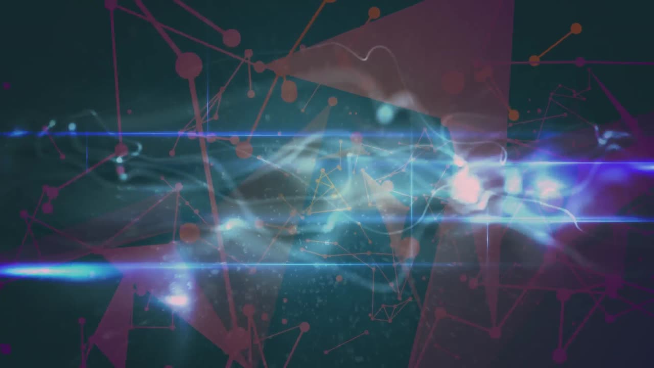 animación de humo, formas rojas y conexiones en espacio negro