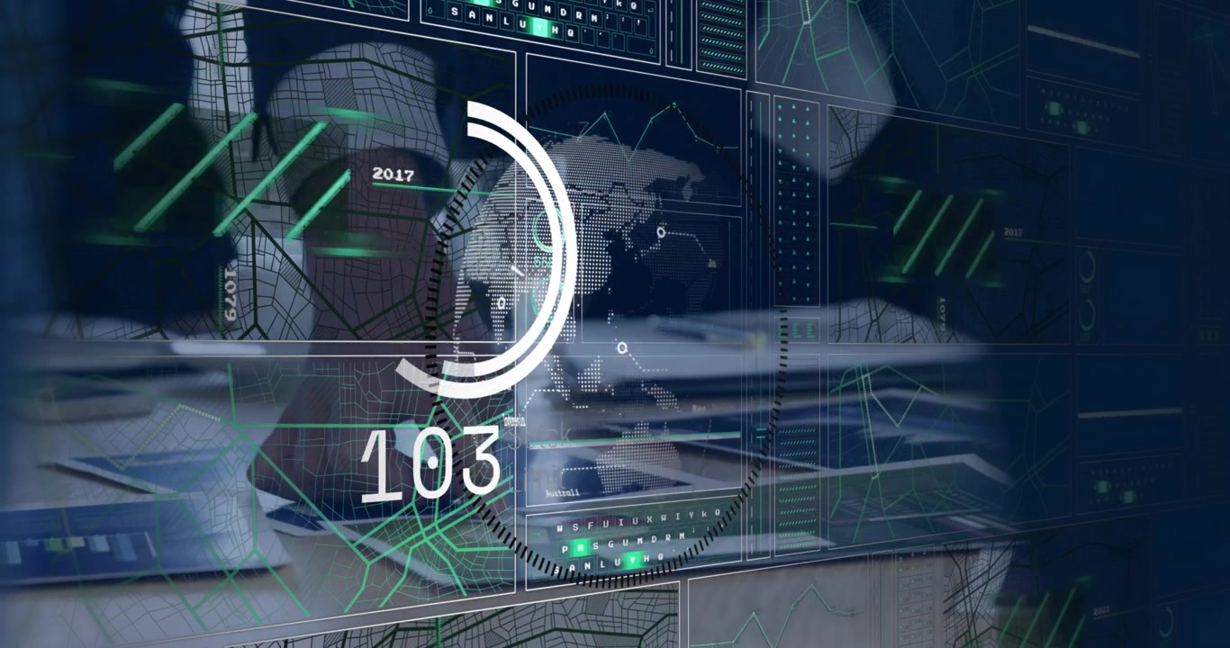 Right hand hovering over maps causing globe overlay as HUD rotating, numbers shifting for decisions