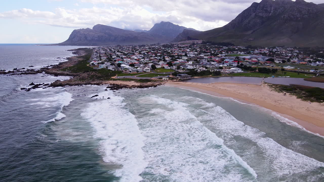 Kleinmond coastal town at foot of Kogelberg UNESCO-declared biosphere. Aerial