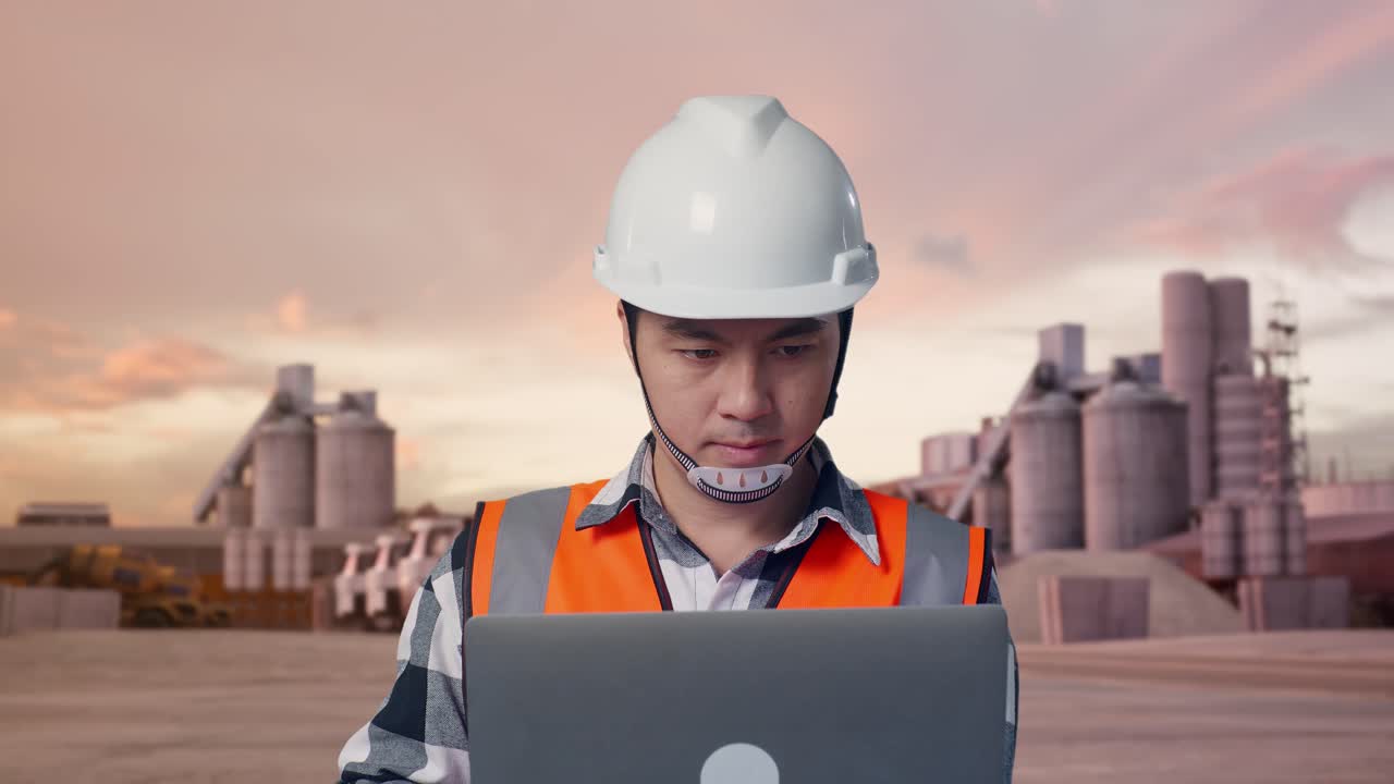 Close Up Of Asian Male Engineer With Safety Helmet Working On A Laptop While Standing at Industrial Cement Plant with Mixer Trucks at Sunset