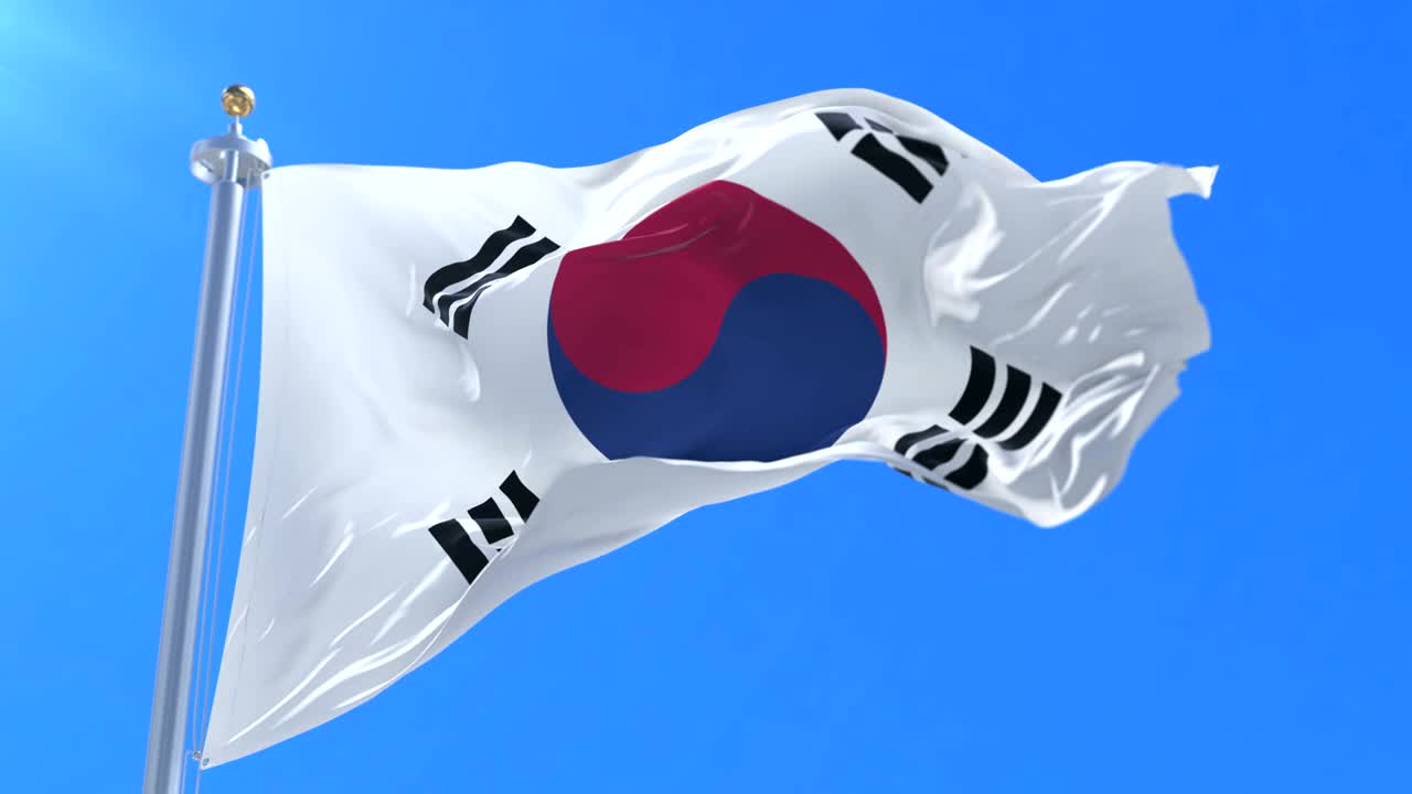 bandera de corea del sur ondeando en el viento con cielo azul, bucle