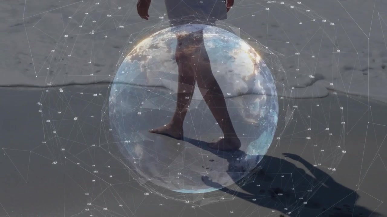 Gambe che camminano, avviando una sfera digitale che si sovrappone ai nodi di rete, una mappa della Terra che ruota visualizzando dati.