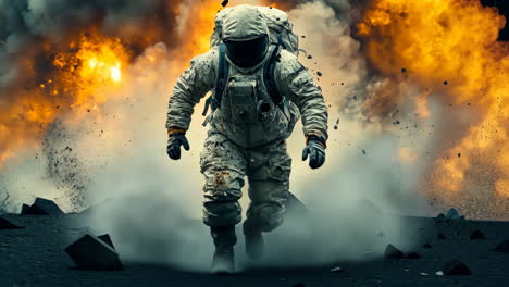 astronaut walking through volcanic landscape with fiery explosions