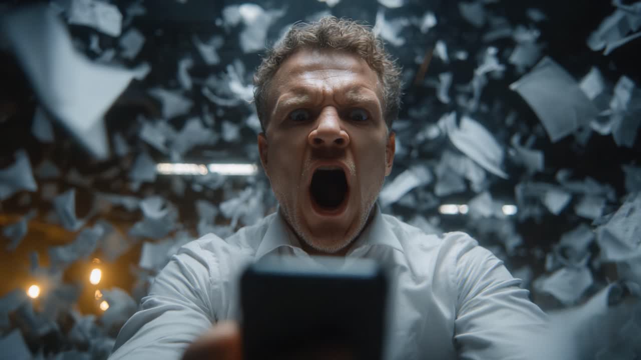A Man's Emotional Journey: From Anguish to Joy as He Transitions from Frustration to Elation While Engaging with His Smartphone Amidst a Chaotic Background of Flying Papers