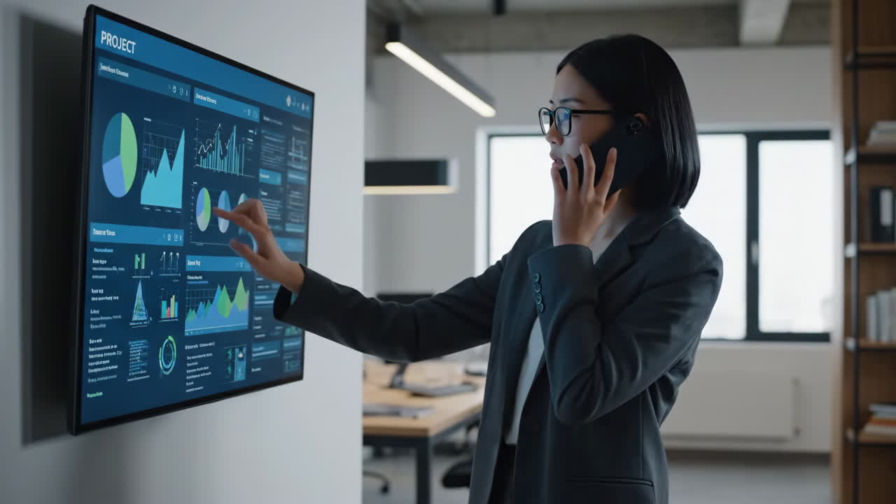 Businesswoman Interacting with Digital Data Display in Modern Office