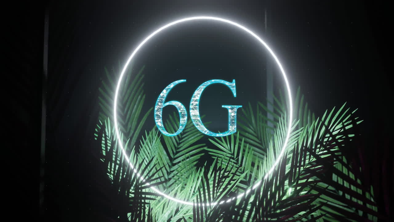 Animation of 6g text over neon circle and leaves