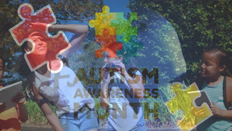 animation of autism awareness text and colorful puzzle pieces over happy playing children