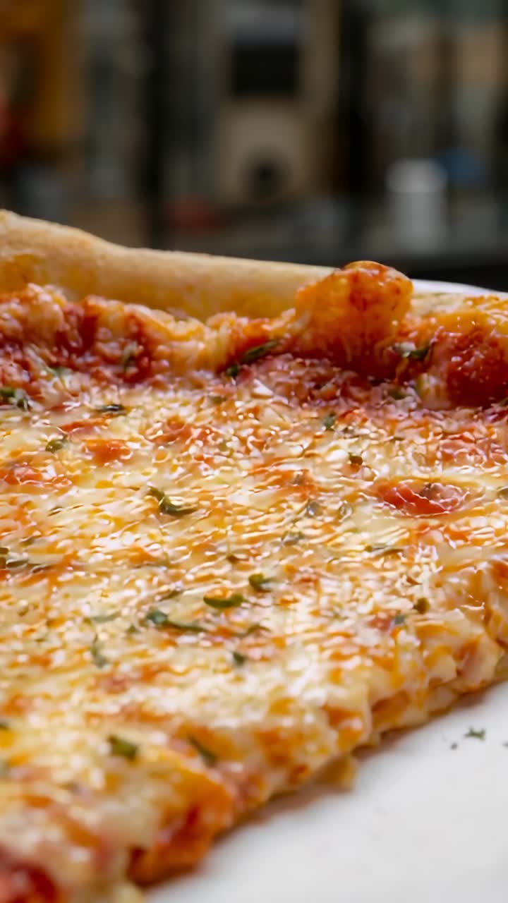 Video verticale: zoom della camera che mostra una fetta di pizza al formaggio su un piatto al bancone, svelando le erbe