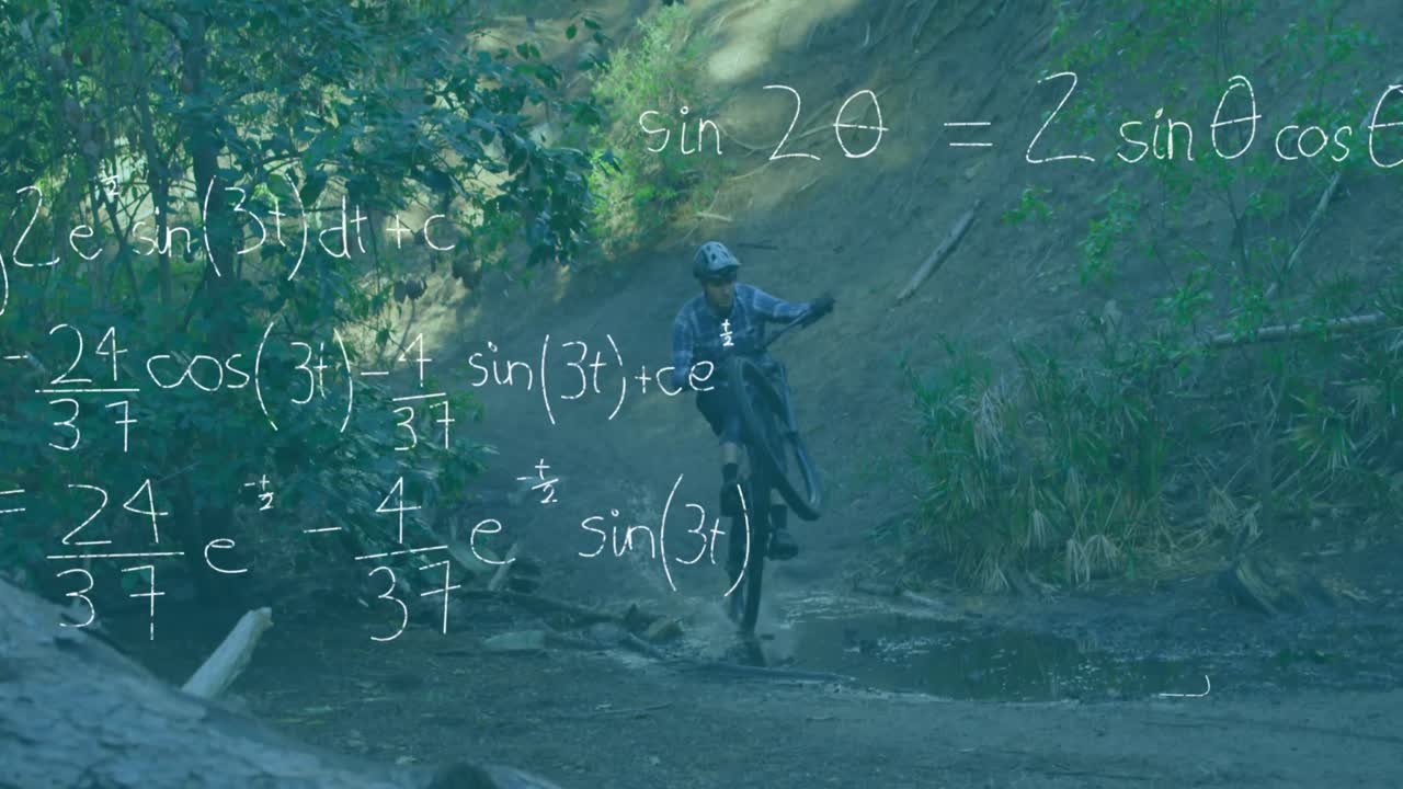 Ormanda bisiklet süren bir adamın arka planında matematiksel denklemler.