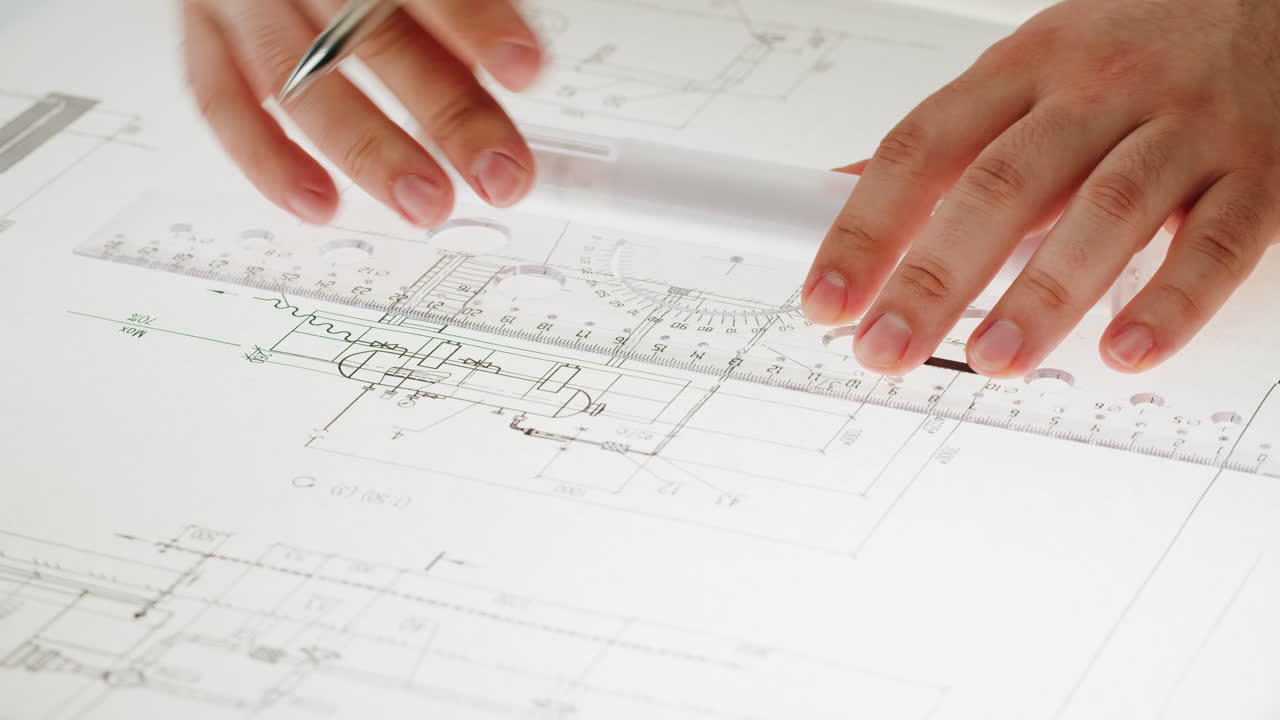 Hands drawing on a blueprint with a ruler and pencil