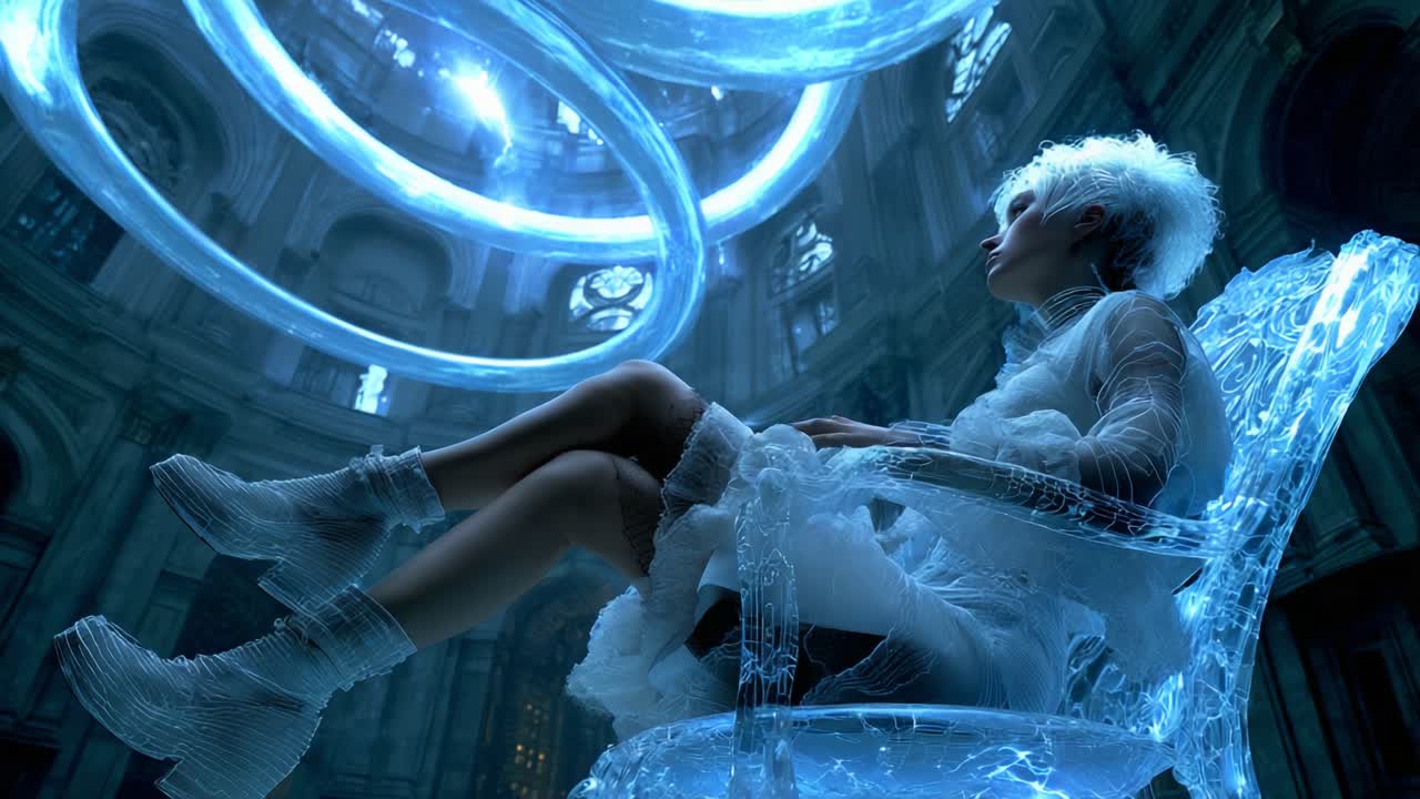 A captivating figure in a translucent chair gazes into mesmerizing hovering rings of bluish energy, set within a grand, ethereal environment that radiates futuristic and mystical elements