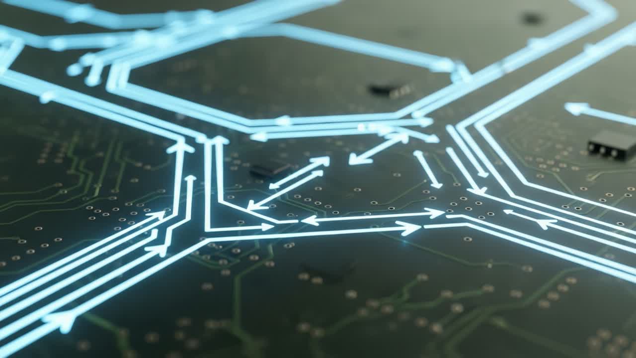 An intricate network of electronic pathways with illuminated arrows tracing a complex circuit design, showcasing the fusion of technology and innovation in a digital landscape