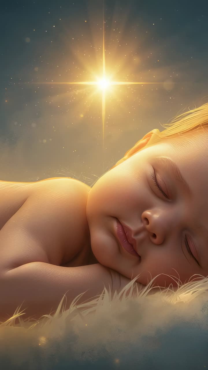 Vertical video: Sleeping baby resting on fur rug at home, star rising above and pulsing warm glow