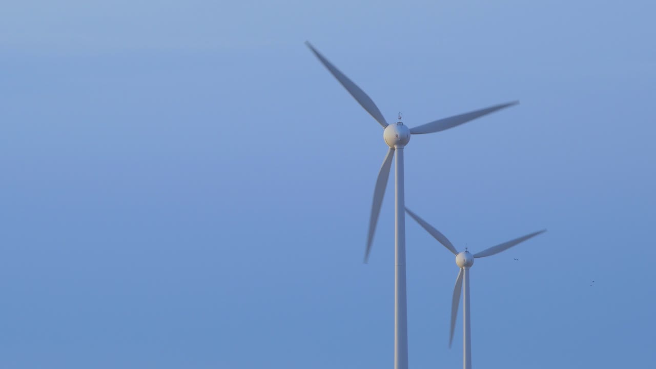 아름다운 일몰, 중간 샷에서 녹색 생태 세계를 위한 재생 에너지를 생산하는 풍력 터빈 농장