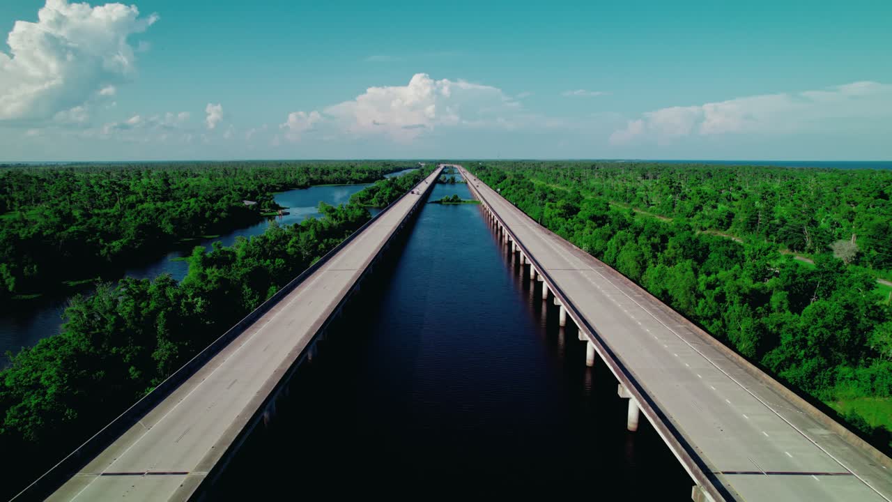 Red Semi Truck Interstate 10 Louisiana Bridge Aerial Highway Transportation