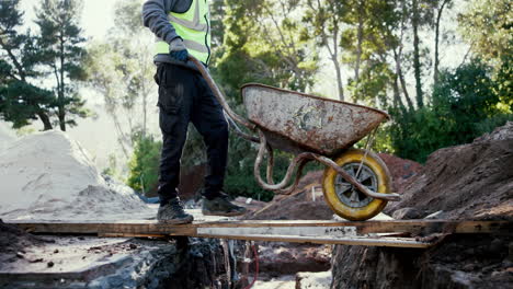 construction worker pushing a wheelbarrow
