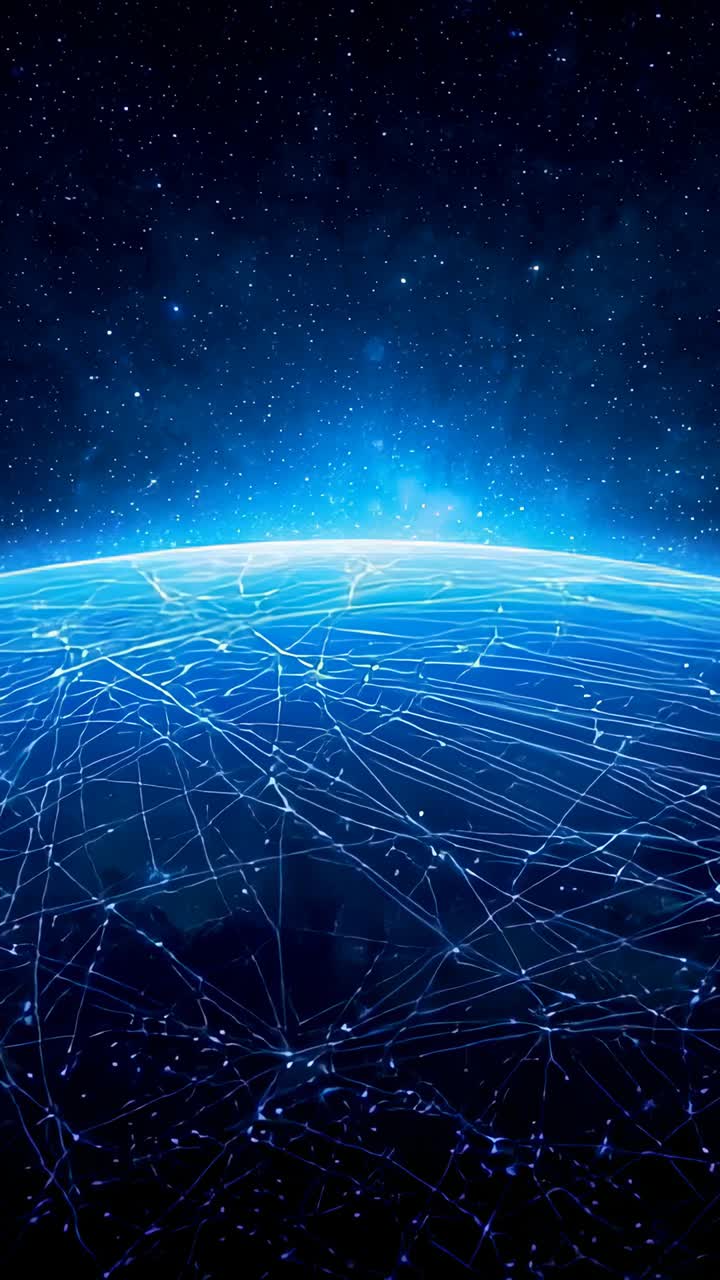 Vertical video: Faint glow appearing at horizon, revealing Earth forming network lines in space