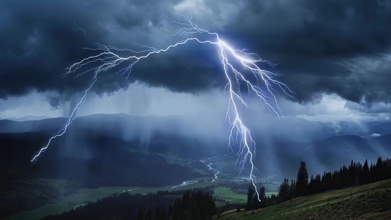 Potenti fulmini squarciano un paesaggio montano tempestoso