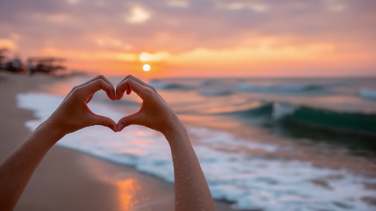 A Heart-Shaped Gesture Against the Backdrop of a Breathtaking Seascape at Sunset, Symbolizing Love and Connection Amidst Nature's Beauty