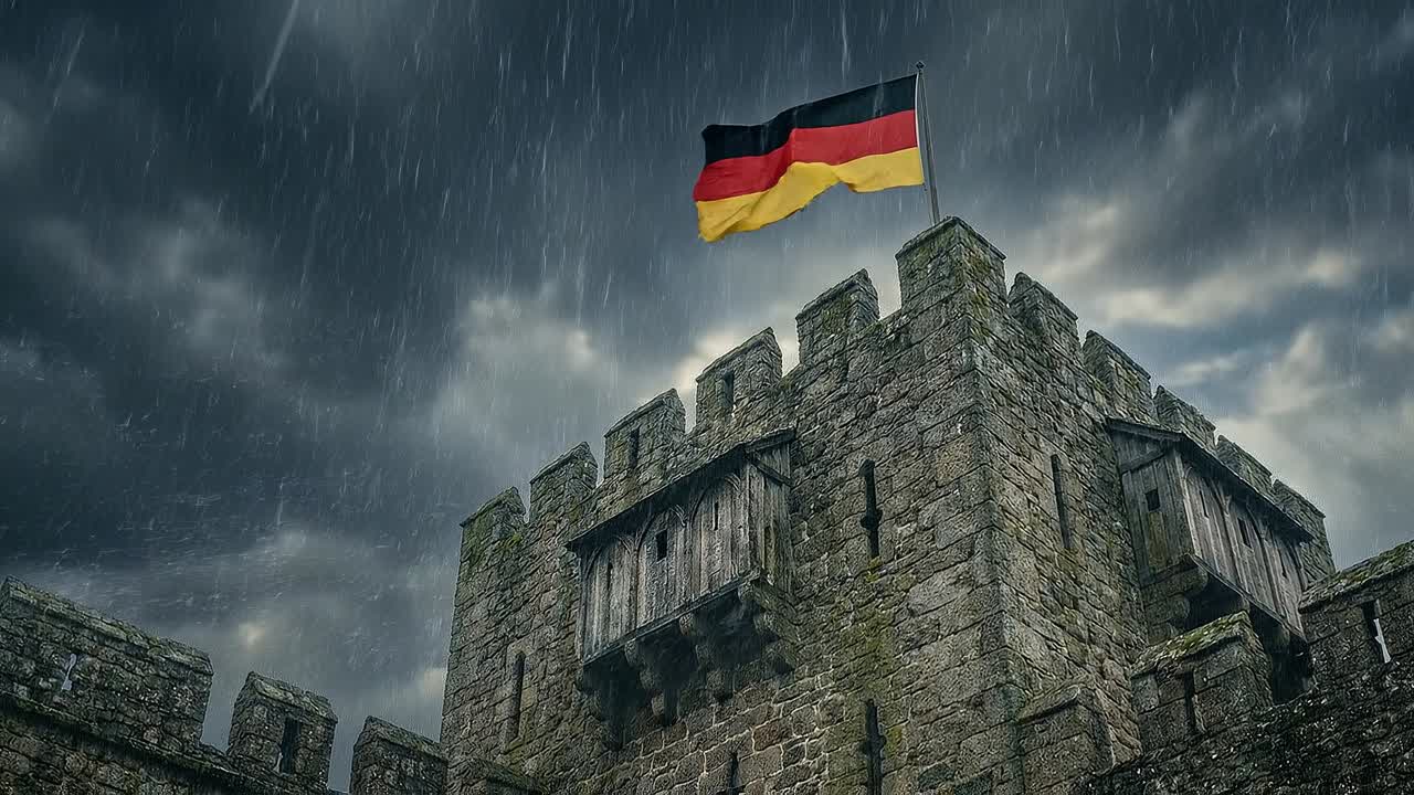 Tysk flag vajende over historisk stenborg under regnvejr med dramatiske skyer og kraftig vindbevægelse
