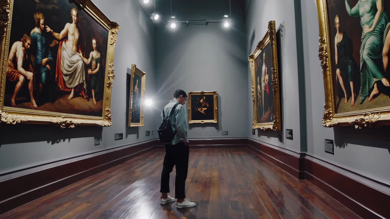 Man looking at paintings in a museum