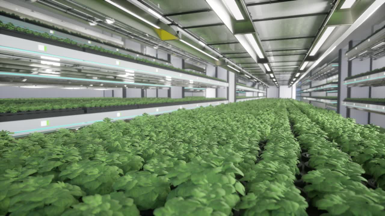 Fattoria verticale moderna con piante idroponiche e illuminazione a LED