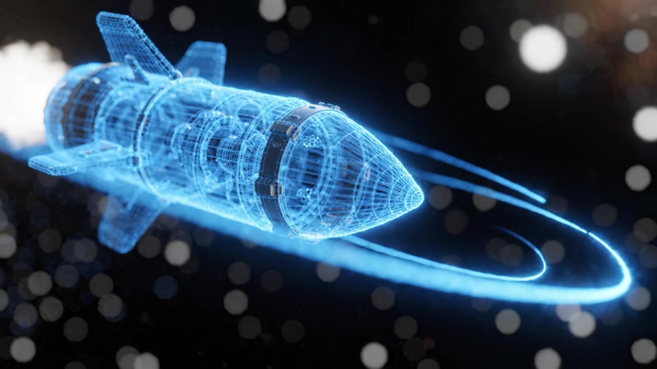 High-Tech Rocket Model Render with Detailed Wireframe Displayed Through a Stellar Background and Emitting Energy Beams for Futuristic Imagery